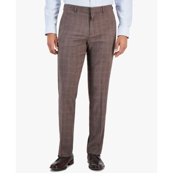 Perry Ellis Mens Flat Front Dress Pants 30x29 Brown Plaid Straight Leg Non Iron - Picture 1 of 5